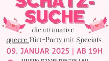 Schatzsuche Flyer- die queere Flirtparty im Cascadas am 9.1.25